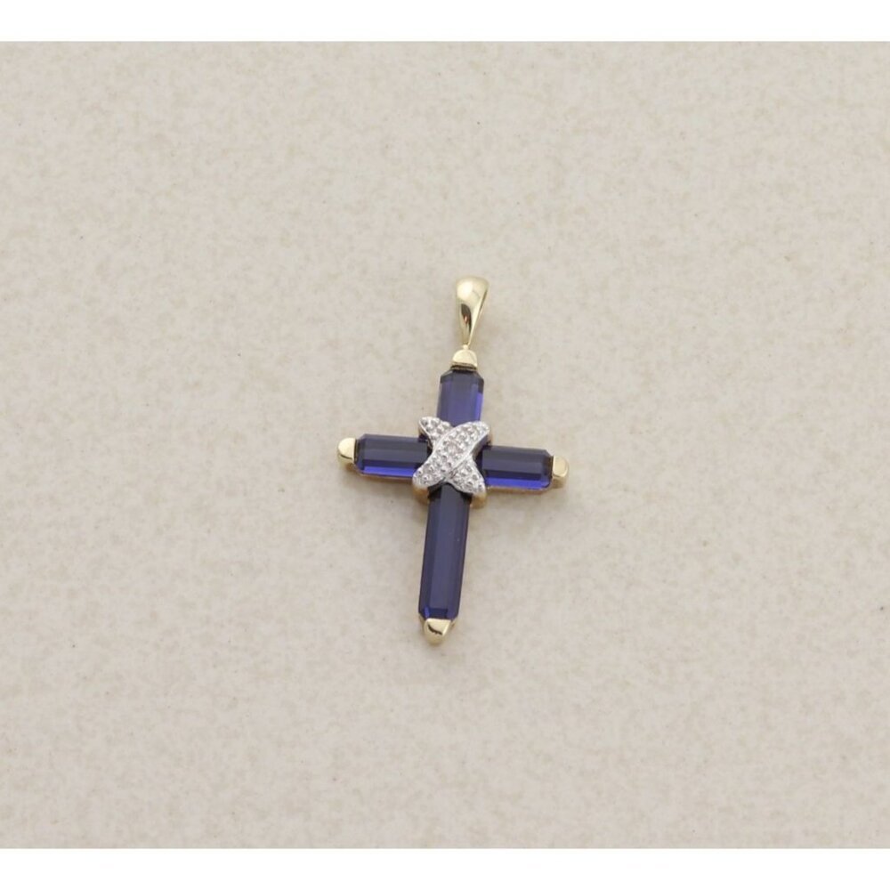 Pendant Only 10k Yellow Gold Lab Created Blue Sapphire and Diamond Cross Pendant
